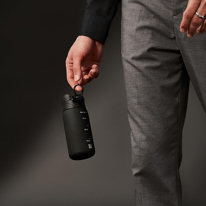 Ion8 Small Water Bottle, 350 ml/12 oz, Leak Proof, Easy to Open, Secure Lock, Dishwasher Safe, BPA Free, Carry Handle, Hygienic Flip Cover, Easy Clean, Odor Free, Carbon Neutral, Black