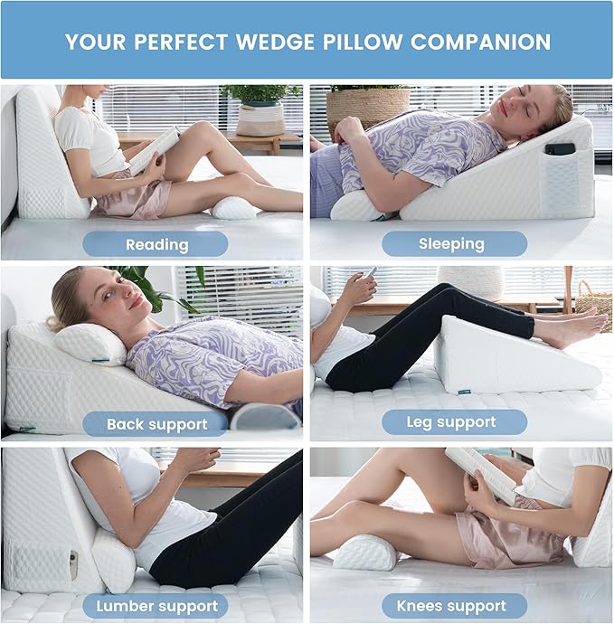 Bed Wedge Pillow for Sleeping - 2 Pcs Cooling 10" Height Pillow Set for Post Surgery Adjustable Triangle Pillow Wedge for Legs, Back Pain, Snoring, Alleviate Acid Reflux, White