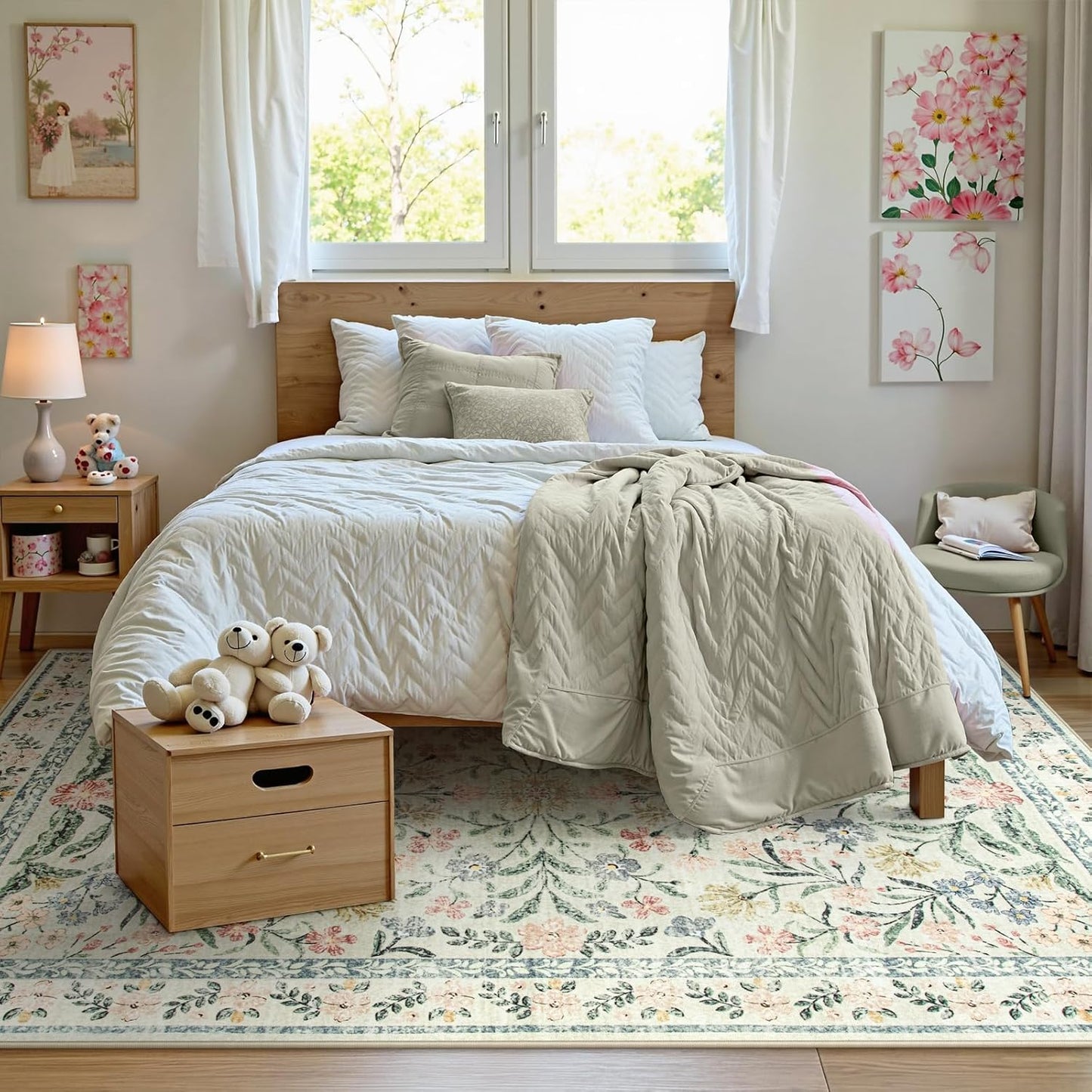 Wonnitar Washable 6x9 Area Rugs, Soft Floral Rug for Bedroom Kids Playroom Light Colored Carpet, Non Slip Ultra-Thin Indoor Beige Carpet for Living Room Classroom Office