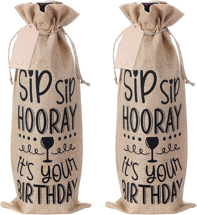 SIRIPHUM Burlap Wine Bags,2PCS Birthday Wine Bottle Gift Bags,Drawstring,Gift Tags,Bottle Cover Tabletop Birthday Party Decor (“Sip Sip Hooray”-Natural)