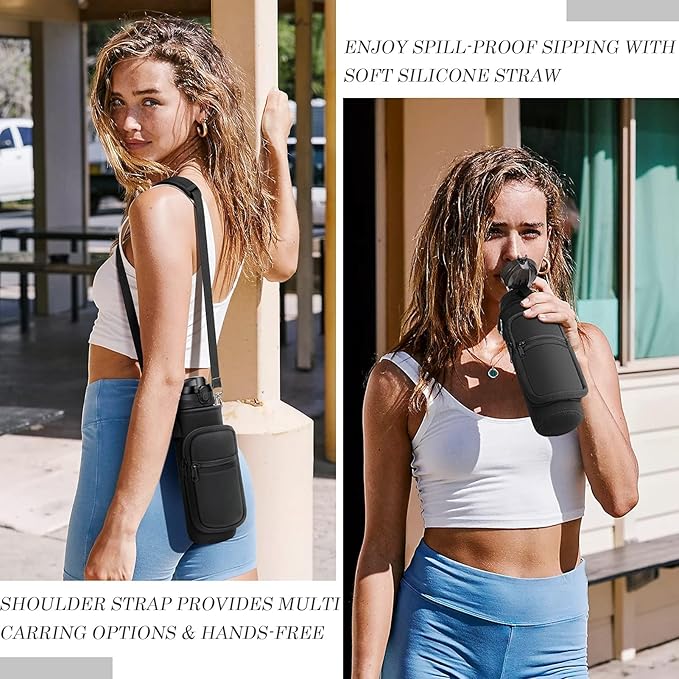 Fimibuke 32 oz Water Bottle with Sleeve - BPA Free Leakproof Sport Large 1L Plastic Motivational Water Bottle with Straw Strap & Insulated Neoprene Holder Carrier Bag Great Xmas Gift for Women Men