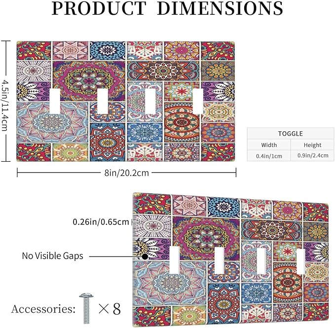 Morocco Talavera Mexican Tiles Printed Colroful Mandala Quad Toggle Light Switch Covers 4 Gang Wall Plate Decorative Switchplate Electrical Faceplate for Kitchen Bathroom Bedroom Decor