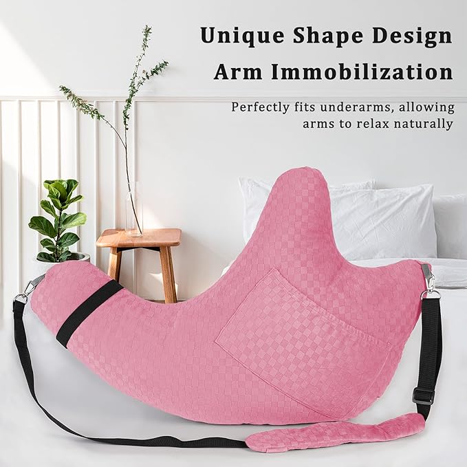Shoulder Surgery Pillow Rotator Cuff Pillow Recovery and Pain Relief Removable with Shoulder Strap Arm Support Pillow for Side Sleeping and Walking (Dark Pink)