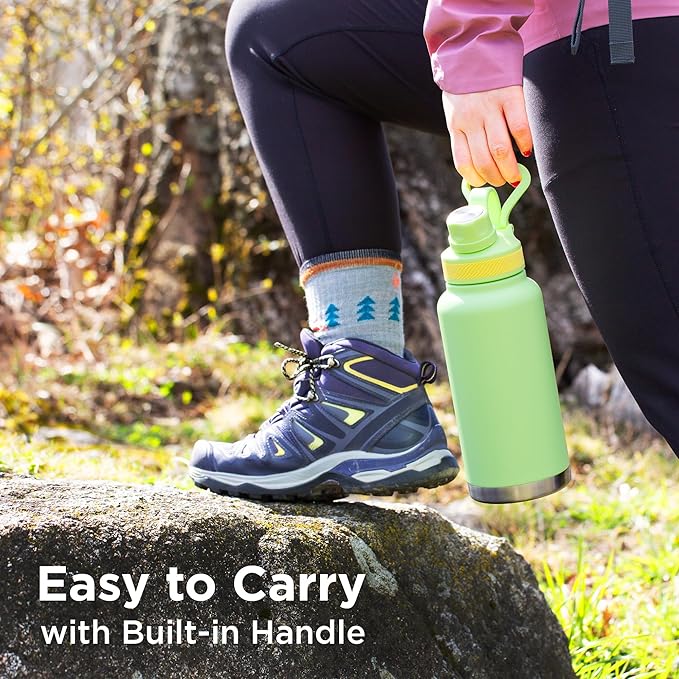 ThermoProof Double-Walled Vacuum Insulated Stainless Steel Water Bottle - Wide Mouth Canteen with Spout & Straw Lids, Dishwasher Safe, Reusable, Leakproof, BPA-Free - 32oz, Fresh Mint