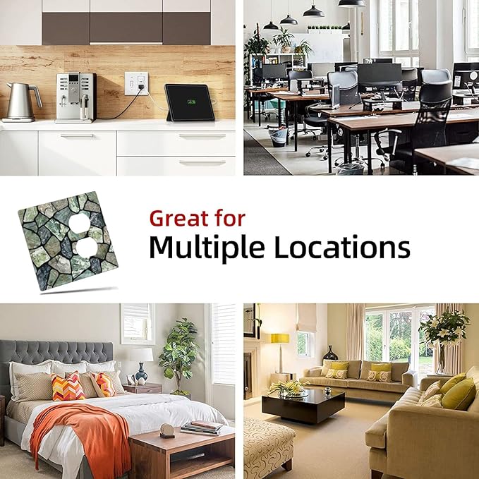 Green Stone Texture Combo Single Blank 1 Duplex Outlet Switch Wall Plate Cover Decorative 2-Gang for Electrical Room Bathroom Bedroom Home Kitchen One Receptacle 4.5" x 4.6"