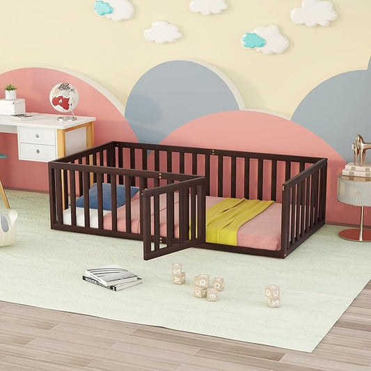 Twin Size Floor Bedframe with Door and Safety Guardrails Fence, Solid Wooden Toddler Montessori Platform Bed for Children Bedroom, Boys Girls, Kids Playroom, for Children Bedroom