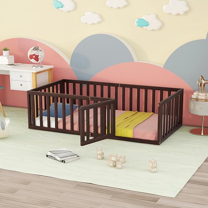 Twin Size Floor Bed with Fence, Solid Wood Floor Bed Frame for Kids with Door, Twin Platform Bed for Boys and Girls Kids Teens, Fun Design Multifunctional Floor Bed, for Children Bedroom