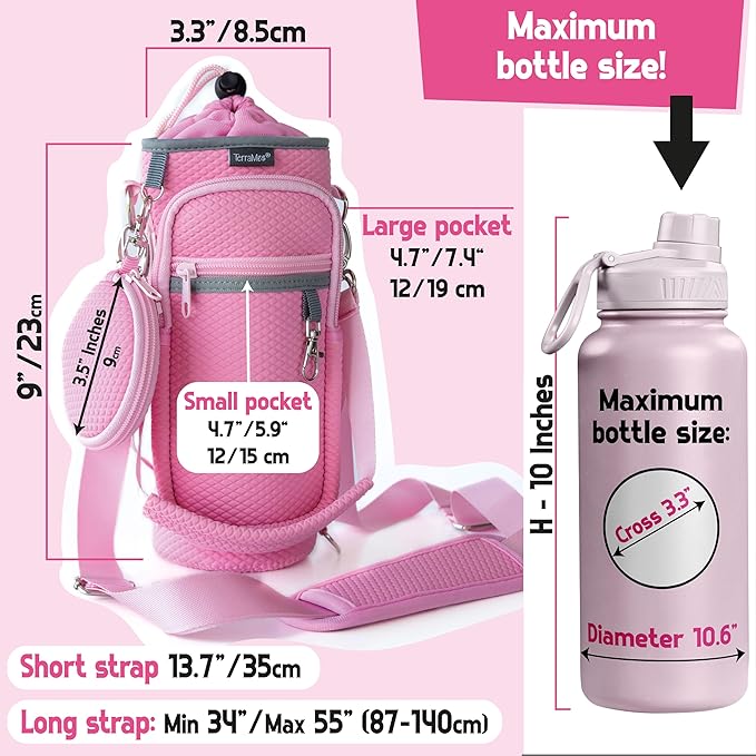 Water Bottle Holder with Strap - Water Bottle Carrier Sling Bag Crossbody with Metal Clips and Rings, Keychain, Extra Small Round Purse, Hook and Loop for Your Bike, Stroller, Backpack