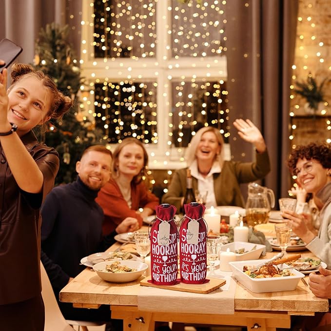 SIRIPHUM Burlap Wine Bags,2PCS Birthday Wine Bottle Gift Bags,Drawstring,Gift Tags,Bottle Cover Tabletop Birthday Party Decor (“Sip Sip Hooray”-Red)