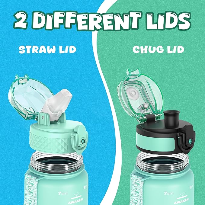 OLDLEY Kids Water Bottle for School, 17 oz (2 lids) BPA-Free Reusable Leak-proof Durable Tritan Plastic Water Bottles with Straw & Chug Lids, Anti-dust Spout Cover (Mint Green)