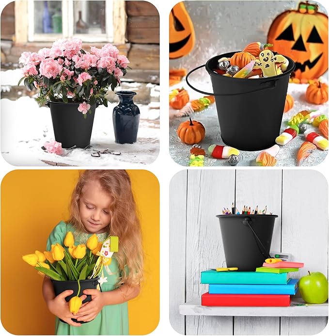 Small Metal Buckets with Handle 6 Pcs – Galvanized Bucket Leak Proof & Rust Resistant 48 fl oz Capacity - Best for Party Décor, Halloween & Decorating Classrooms (Black, Large 6.3" Top)