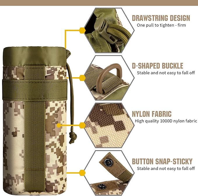 IronSeals Adjustable Tactical Water Bottle Pouch Foldable MOLLE Water Bottle Holder Drawstring Open Top Travel Water Bottle Bag