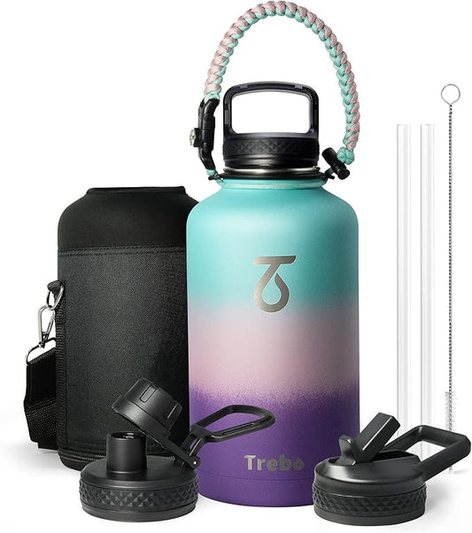 Trebo Water Bottle 64oz with Paracord Handle, Half Gallon Food-grade Double Wall Vacuum Stainless Steel Insulated Jug with Straw Spout Handle Lids, Leakproof Keep Cold & Hot Ombre:Hydrangea