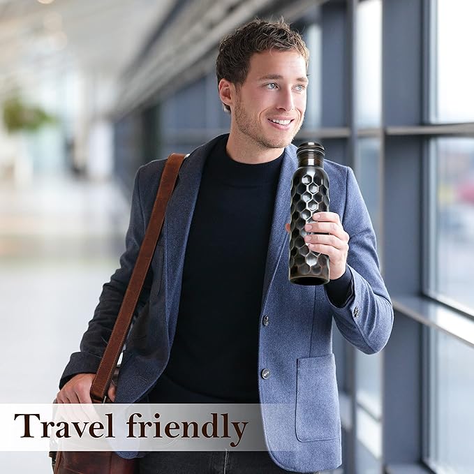 Eunoia Copper Water Bottle with Lid 32 oz, Handmade Ayurvedic Copper Bottle Water Vessel, Gym Water Bottle for Sports Exercise Yoga Fitness, Diamond Antique