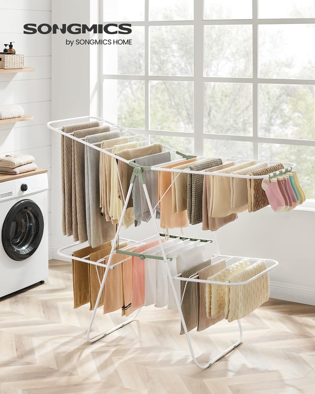 SONGMICS Clothes Drying Rack, Foldable 2-Level Laundry Drying Rack, Free-Standing Laundry Airer, with Height-Adjustable Wings, 33 Drying Rails, Sock Clips, White and Green ULLR053C01V1