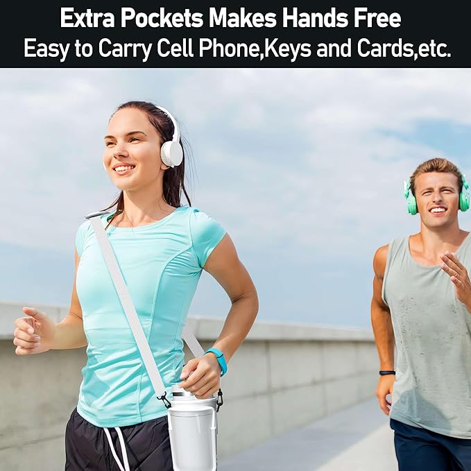 Water Bottle Carrier Bag with Phone Pocket for 40oz Tumbler with Handle, Adjustable Strap Neoprene Water Bottle Sleeve Pouch for Hiking Camping Travelling. (White)