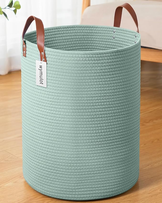 80L Large Rope Basket, Woven Rope Storage Basket with Leather Handles, Dog Toy Storage Basket, Bedroom, Nursery Blanket Storage, Bathroom Laundry Basket, 16“x20” Tall Rope Basket (Green)