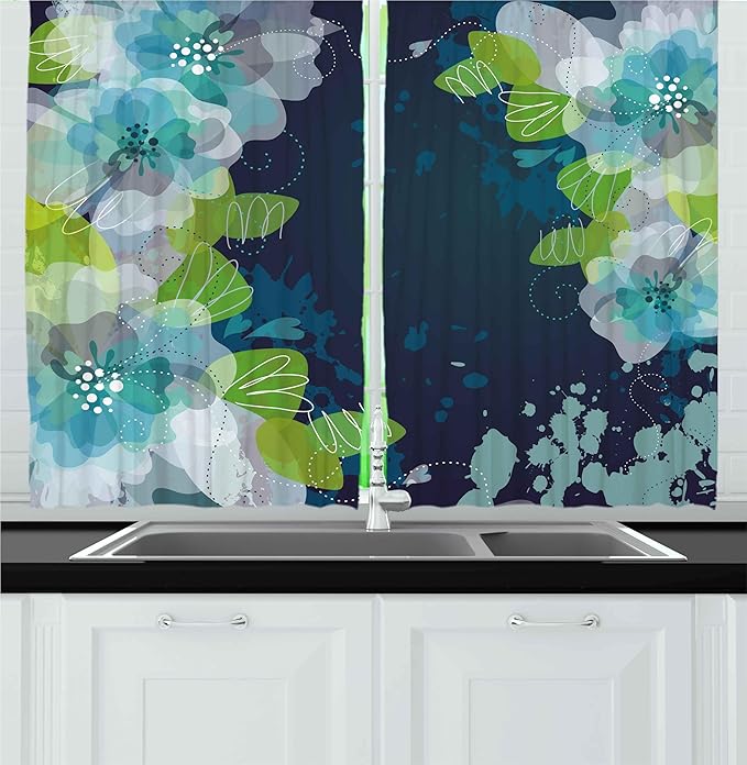 Ambesonne Navy Kitchen Curtains, Sketchy Abstract Blossoms Flowers with Leaves on Grunge Backdrop, Window Drapes 2 Panel Set for Kitchen Cafe Decor, 55" x 24", Green Navy