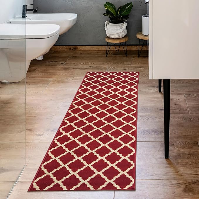 Ottomanson Ottohome Collection Non-Slip Rubberback Elegant Trellis Design 2x5 Indoor Runner Rug, 20" x 59", Red