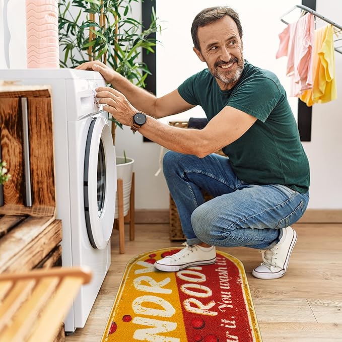 Machine Washable Bubbles Design Laundry Room Rug Non-Slip Rubberback 2x5 Laundry Runner Rug for Laundry Room, Bathroom, Washroom, 20" x 59" Oval, Red/Yellow