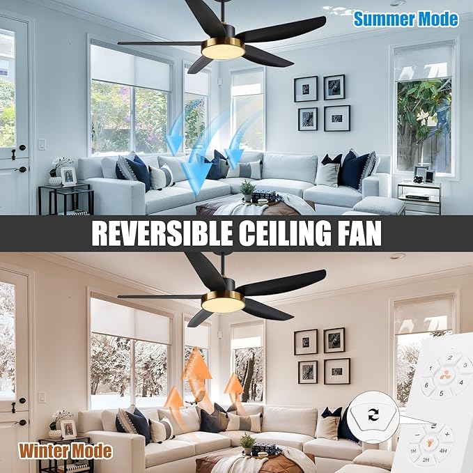 Modern Ceiling Fan with Light and Remote Control,56''Ceiling Fan with 3 Color Lights,Memory Function,5 Blades,6 Speeds,Outdoor Fan and Light for Living Room,Bedroom,Kitchen,Brass Gold