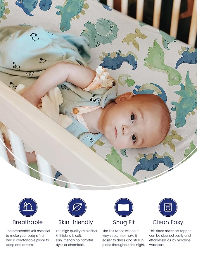 TotAha Pack and Play Sheets Fitted, Buttery Soft Dinosaur Mini Crib Sheets Boy, Stretchy Graco Pack n Play Mattress Sheet, 2-Pack Universal Fit Playard Mattress Cover, All-Season Jersey-Knit