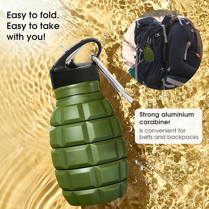 Collapsible Water Bottle 19.6 oz Leak Proof - 2 Lids, Carabiner, Gift Box - Reusable Silicone Water Bottle Men for Dad Birthday Gift - Foldable Travel Water Bottle for Gym & Sport - Green Accessories