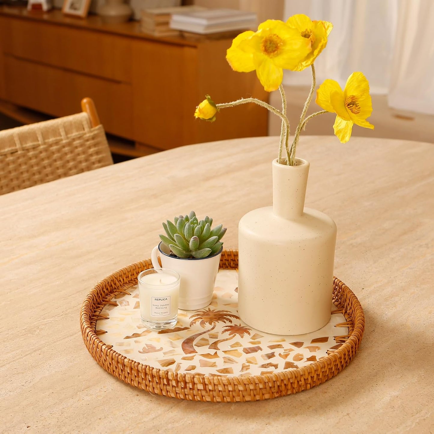 Round Rattan Tray with Mother of Pearl Inlay & Wooden Base - Decorative Wicker Serving Tray for Coffee/Bread/Fruits, Food Storage & Display - Multipurpose Home Decor (L,Island)