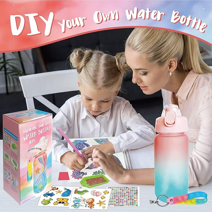Decorate Your Own Water Bottle Kits,Fun Arts and Crafts Gifts for Girls Age 4-6-8-10,Mermaid Painting Crafts Toys for Girls Birthday