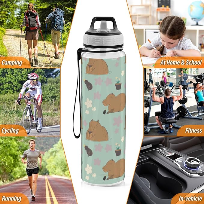 Capybara Kawaii Water Bottle with Straw Flowers Sports Bottles BPA-Free Tritan Water Jug with Carrying Strap for Gym Office Outdoor Sports