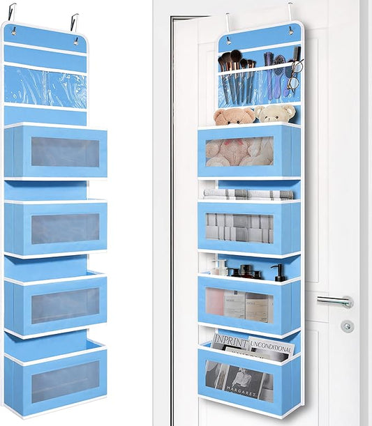 Heavy Duty Over Door Organizer, Wall Mount Hanging Organizer Storage with 4 Large Capacity Pockets, Closet Bathroom Nursery Bedroom Dorm, Toys Cosmetics Sundries and Baby Essentials, Blue