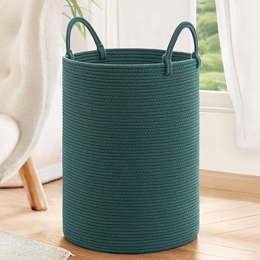INDRESSME Large Laundry Basket Hamper for Clothes, Woven Rope Storage Basket Baby Hamper for Nursery, Blanket Basket Living Room, Tall Basket Toys Storage Toys Bin, 19.7 x 13.8 inches, Green