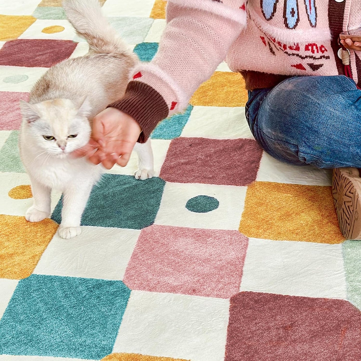 jinchan Round Rug 4ft Kids Washable Rug Indoor Floor Cover Non-Slip Soft Modern Elementary School Classroom Colorful Diamond Carpet for Nursery Daycare Bedroom Playroom Living Room Confetti on Cream