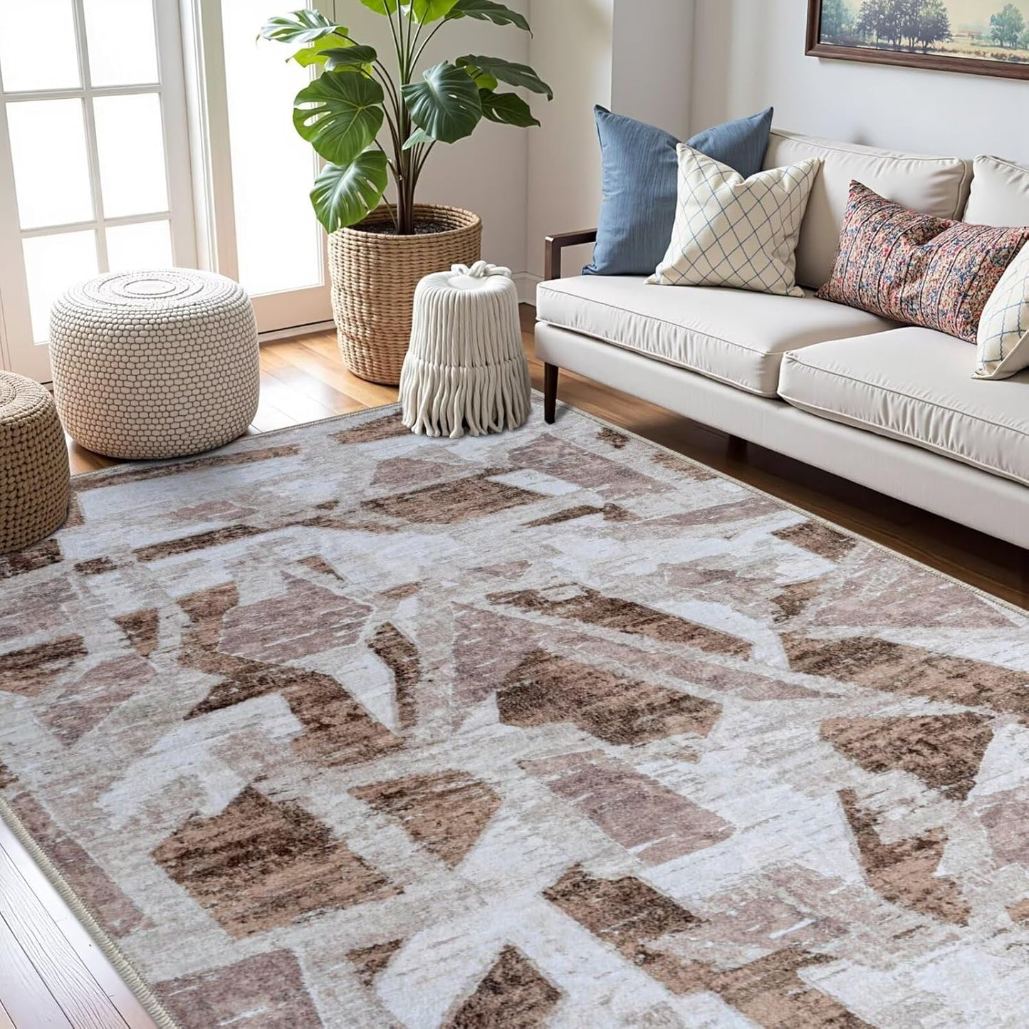 Modern Abstract 8X10 Area Rug for Living Room Bedroom Washable, Non-Slip Rubber Backing Print Faux Wool Thin, Brown Throw Large Carpet for Kids Playroom Dining Room Pet & Child Friendly