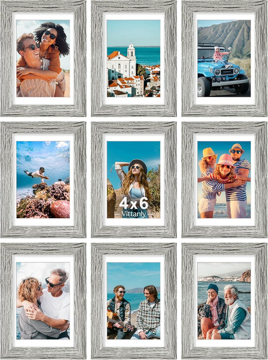 Vittanly 4x6 Picture Frames Set of 9, Shatter Resistant Plexiglass, Display 3.5x5 Pictures with Mat or 4x6 without Mat, Photo Frames for Wall or Tabletop, Engineered Wood, Grey