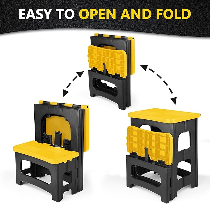 Folding 2-Step Stool, Non-Slip Portable Footstool 8" & 17" Dual Heights, Holds 300 lbs, Portable Footstool for Kitchen Home Toilet Bedroom Office Bathroom RV(Yellow)
