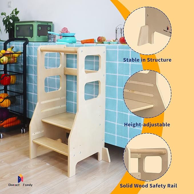 Damoch Family™ Child Standing Tower Kids Kitchen Step Stool Toddler Wooden Step Stool Adjustable Height Children Montessori Stool Patented Design (Natural)