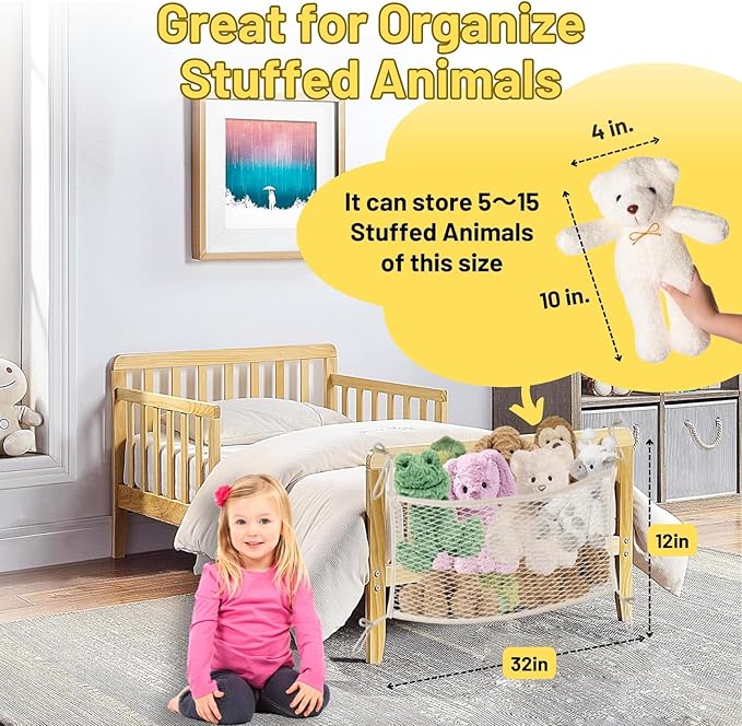 Stuffed Animal Storage Net for Kids, Bedside Toy Organizer Net - Neatly Store Your Stuffed Animals, 2 Pack Cotton Bedside Stuffed Animal Storage Net with Tether, Stretches up to 32 Inches, Beige