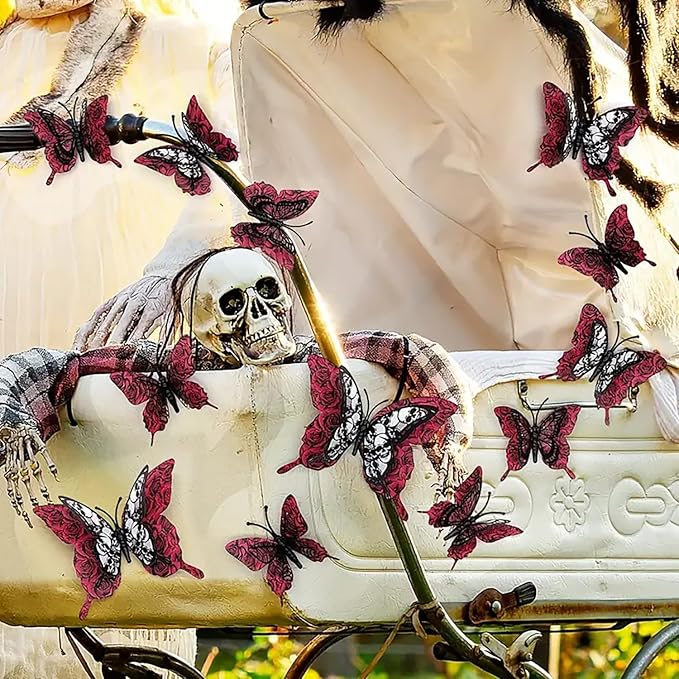 Halloween Wall Stickers 12Pcs Butterfly Wall Decor Red Roses Skull Design Halloween Wall Decorations 3D Butterflys Wall Decals Reusable Wall Stickers Decor for Halloween Home Door DIY Accessories