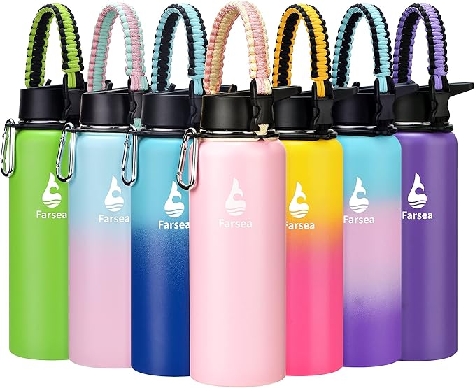 Farsea Insulated Water Bottle with Straw Lid & Spout Lid & Paracord Handle, Stainless Steel Water Bottle Wide Mouth, Double Wall Sweat-Proof BPA-Free, 40 oz, Pink