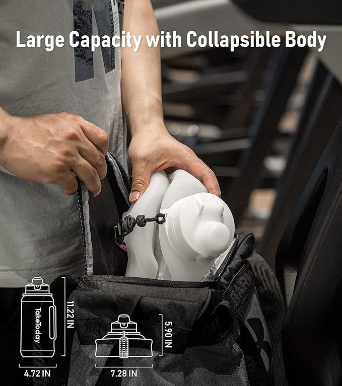 68 oz Collapsible Water Bottles With Straw, Half Gallon Water Bottle With Motivational Time Marker, Large Reusable Silicone Water Jug With Paracord Handle For Sports, Outdoors (White)