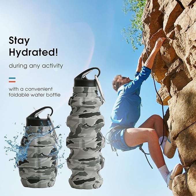 Collapsible Water Bottle 19.6oz - Gift Box, Carabiner, Leak Proof Lid - Collapsible Water Bottles for Traveling - Gifts for Husband & Veterans Day Gift - Reusable & Foldable Gift for Travelers (Gray)