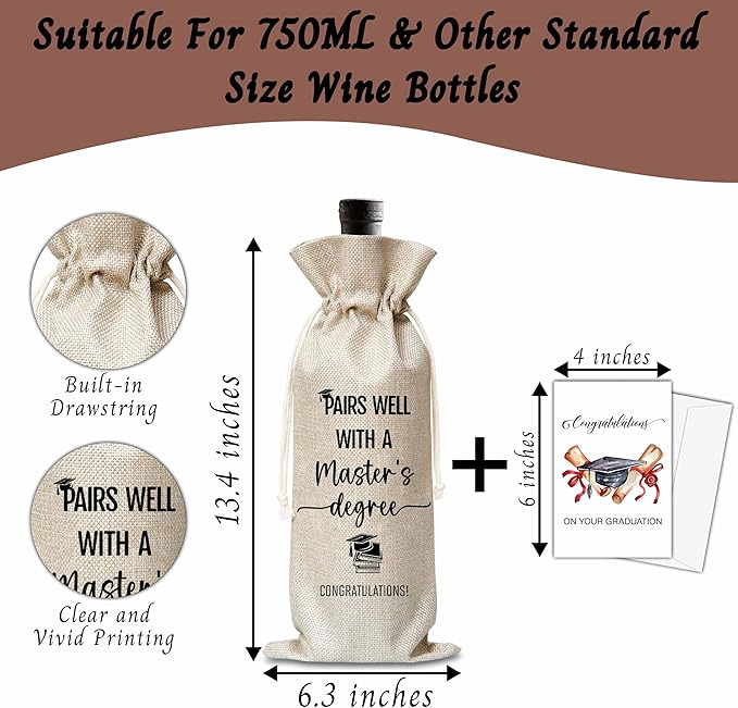 Xanev Masters Degree Graduation Gifts For Women Man, Graduation Drawstring Wine Gift Bag, Pairs Well With A Bachelor's Degree, Graduation Party Decoration Supplies Favors, B16