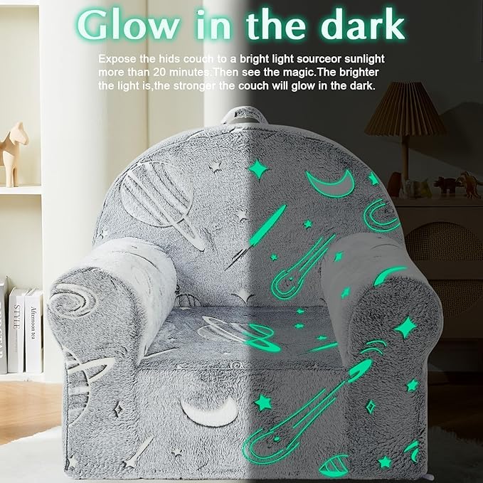 Toddler Chair Sherpa Couch Sherpa Kids Chair, Cuddly Comfy Toddler Plush Chair Toddler Couch Reading Chair for Kids Glow in The Dark Starry Sky Grey