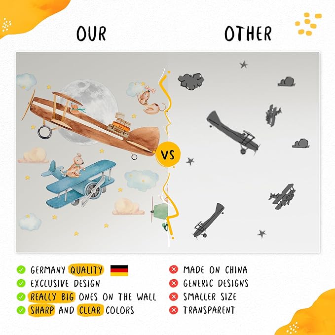 Large Airplane Wall Decals for Kids by Lipastick - 89 pcs Premium Kids Wall Stickers Aircrafts - Creative Nursery Wall Decal - Plane Vinyl Wall Decals for Baby Nursery Children Room Bedroom XXL Size