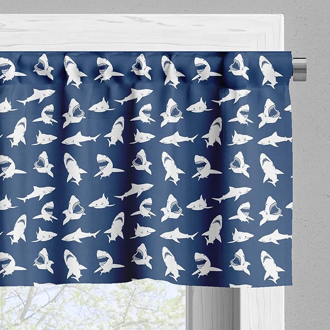 Ambesonne Shark Valance & Tier Curtain 3 pcs Set, Fish Pattern Various Gestures Have a Bite Danger Humor Nautical Design, Window Treatments for Kitchen Room Decor, 55" x 45", Blue Violet
