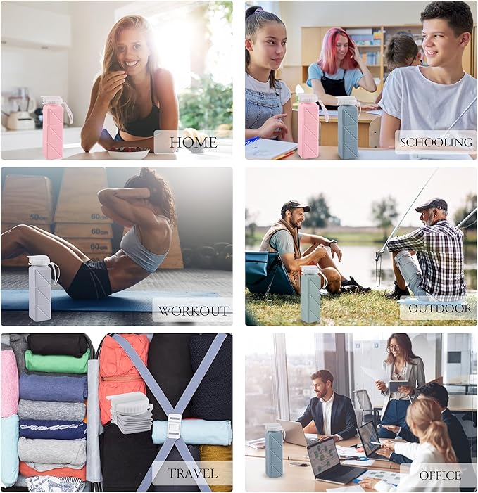 EOBTAIN Blue Collapsible Water Bottle with Straw 20oz Soft Foldable Water Bottles BPA Free and Food Grade Silicone Water Cup for Travel,Hiking,Gym.Portable Leak Proof and Reusable Sports Bottle.