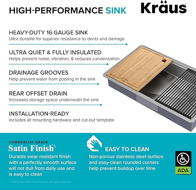 Kraus KWU110-32/5.5 Kore ADA Workstation 32-inch Undermount 16 Gauge Stainless Steel Single Bowl Kitchen Sink with Accessories, 32 Inch