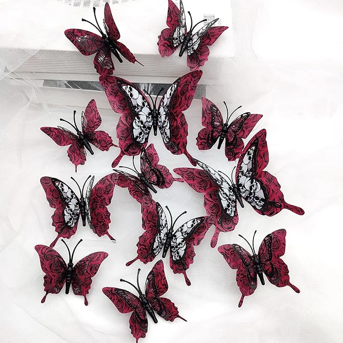 Halloween Wall Stickers 12Pcs Butterfly Wall Decor Red Roses Skull Design Halloween Wall Decorations 3D Butterflys Wall Decals Reusable Wall Stickers Decor for Halloween Home Door DIY Accessories