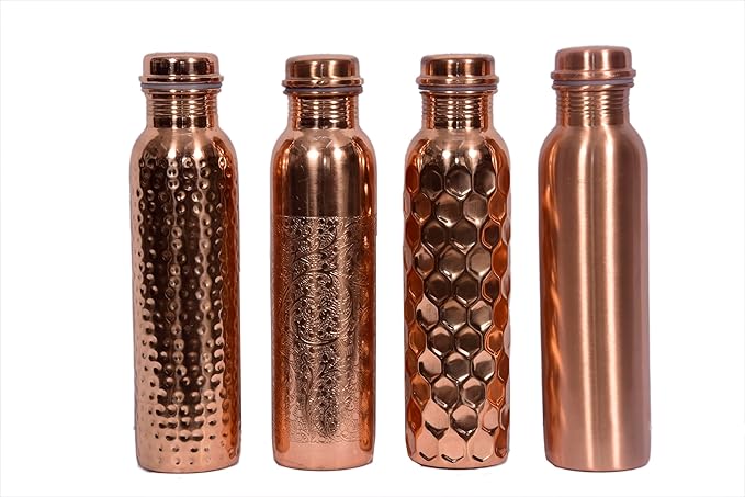 Copper Bottle For Drinking Water 33 Oz Ayurvedic Leak Proof lid Hammered Design Durable Lightweight Hand Washable Vessel Clean Cool Water Natural Minerals Boost Energy Safe Water Utensil